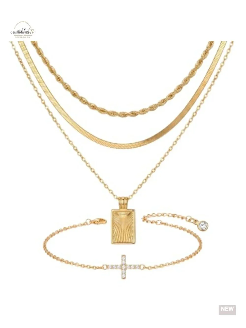 14K Gold Plated Layered Necklace & Bracelet Set, Dainty Pendant Necklace